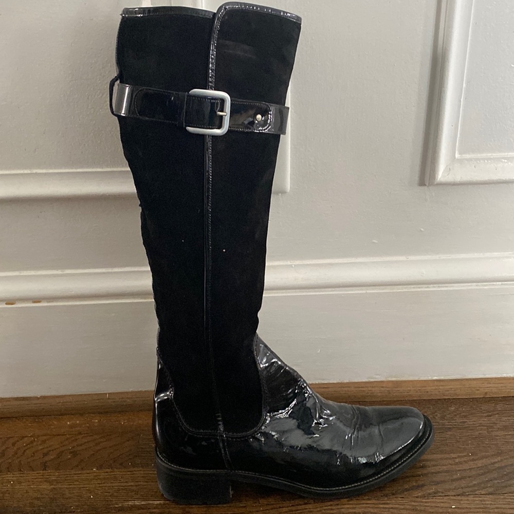 Cole Hahn tall black suede and patent leather boot